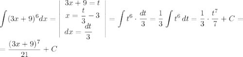 \displaystyle \int (3x+ 9)^{6} dx = \left|\begin{array}{ccc}3x + 9 = t\\x = \dfrac{t}{3} - 3 \\ dx = \dfrac{dt}{3} \ \ \ \\\end{array}\right| = \int t^{6} \cdot \dfrac{dt}{3} = \dfrac{1}{3} \int t^{6} \, dt = \dfrac{1}{3} \cdot \dfrac{t^{7}}{7} + C =\\ = \dfrac{(3x + 9)^{7}}{21} + C