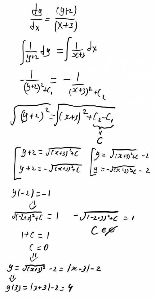 Если y(x) решение дифференциального уравнения y'=(y+2)/(x+3) удовлетворяющее условию y(-2)= -1,тогда