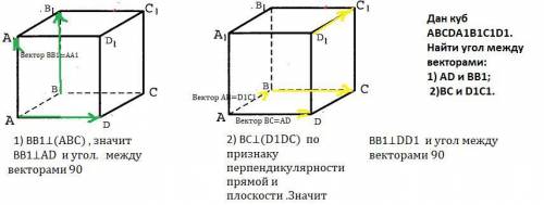 Дан куб ABCDA1B1C1D1. Найти угол между векторами: 1) AD и BB1; 2)BC и D1C1.