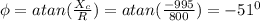 \phi=atan(\frac{X_c}{R} )=atan(\frac{-995}{800} )=-51^0