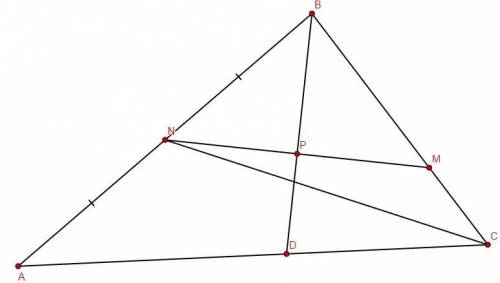 В треугольнике АВС сторона АВ = 12, а ВС = 9; CN — медиана. Точка М делит отрезок ВС в отношении ВМ