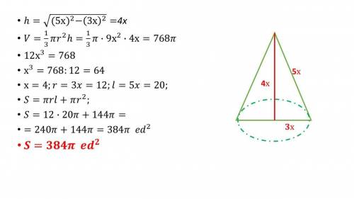 Радиус и образующая конуса относятся как 3:5, а объем конуса равен 768π. Найти площадь боковой повер