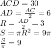 ACD=30\\AD=\frac{AC}{2} =6\\R=\frac{AD}{2} =3\\S=\pi R^2=9\pi\\\frac{S}{\pi} =9