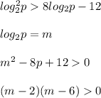 log_{2} ^{2}p8log_{2}p-12\\\\log_{2}p=m\\\\m^{2} -8p+120\\\\(m-2)(m-6)0