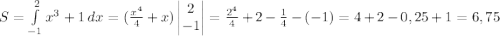 S=\int\limits^2_{-1} {x^3+1} \, dx=(\frac{x^4}{4}+x)\begin{vmatrix}2\\-1\end{vmatrix}=\frac{2^4}{4}+2-\frac{1}{4}-(-1)=4+2-0,25+1=6,75