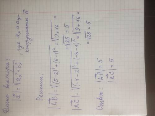 Даны точки А(2;1) В(5;5) С(-1; -3). Найти длины векторов АВ и АС