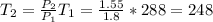 T_2=\frac{P_2}{P_1}T_1=\frac{1.55}{1.8} *288=248