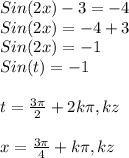 Sin(2x)-3=-4\\Sin(2x)=-4+3\\Sin(2x)=-1\\Sin(t) =-1\\\\t=\frac{3\pi }{2}+2k\pi, k z\\\\x=\frac{3\pi}{4}+k\pi, kz