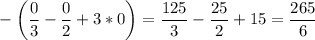 \displaystyle\\-\bigg(\frac{0}{3}-\frac{0}{2}+3*0\bigg)=\frac{125}{3}-\frac{25}{2}+15=\frac{265}{6}