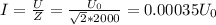 I=\frac{U}{Z} =\frac{U_0}{\sqrt{2}*2000 }=0.00035U_0