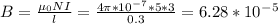 B=\frac{\mu _0NI}{l}=\frac{4\pi *10^-^7*5*3}{0.3}=6.28*10^-^5