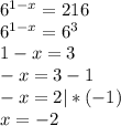 6^{1-x}=216\\6^{1-x}=6^3\\1-x=3\\-x=3-1\\-x=2 |*(-1)\\x=-2