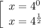 \left[\begin{array}{l} x=4^0\\ x=4^\frac{1}{2} \end{array}