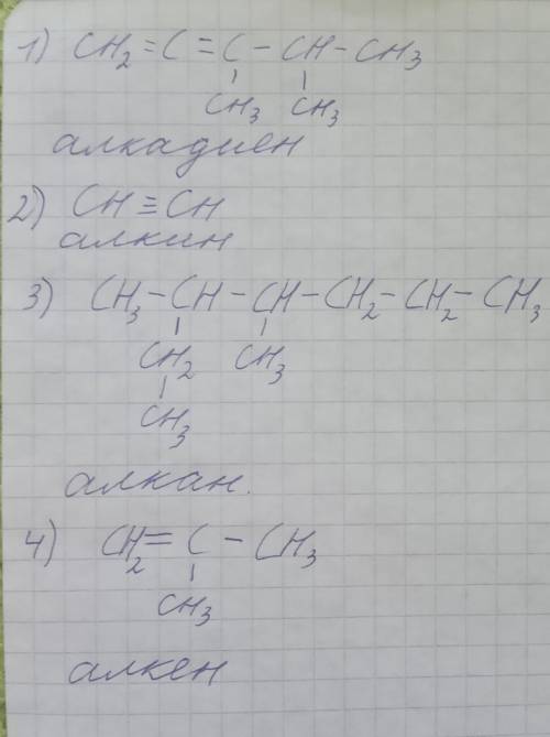 Построить формулы соединений, определить класс соединений: 1) 3,4 диметил пентадиен 1,2 2) этин 3) 3