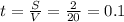 t = \frac{S}{V} = \frac{2}{20} = 0.1