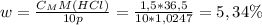 w=\frac{C_{M} M(HCl)}{10p} =\frac{1,5* 36,5}{10*1,0247}=5,34\%