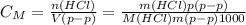 C_{M} =\frac{n(HCl)}{V(p-p)}=\frac{m(HCl)p(p-p)}{M(HCl)m(p-p)1000}