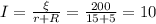 I=\frac{\xi }{r+R}=\frac{200}{15+5}=10