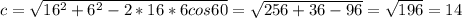 c=\sqrt{16^2+6^2-2*16*6 cos60}=\sqrt{256+36-96} =\sqrt{196}=14