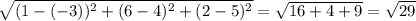 \sqrt{(1-(-3))^2+(6-4)^2+(2-5)^2}=\sqrt{16+4+9}=\sqrt{29}