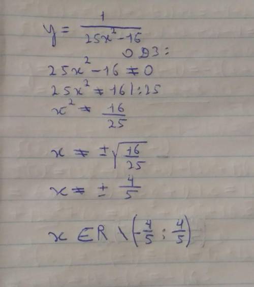 нужно Найдите область определения функции: =1/ 25^2−16 .