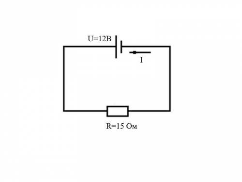 Начертите электрическую схему включения RНАГР = 15 Ом от источника постоянного напряжения U = 12 В.