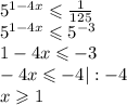 {5}^{1 - 4x} \leqslant \frac{1}{125} \\ {5}^{1 - 4x} \leqslant {5}^{ - 3} \\ 1 - 4x \leqslant - 3 \\ - 4x \leqslant - 4 | : -4 \\ x \geqslant 1 \\