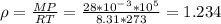 \rho =\frac{MP}{RT}=\frac{28*10^-^3*10^5}{8.31*273}=1.234