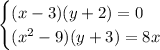 \begin{cases} (x-3)(y+2)=0 \\ (x^2-9)(y+3)=8x \end{cases}