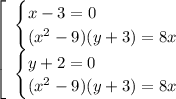 \left[\begin{array}{l} \begin{cases} x-3=0 \\ (x^2-9)(y+3)=8x \end{cases}\\ \begin{cases} y+2=0 \\ (x^2-9)(y+3)=8x \end{cases}\end{array}
