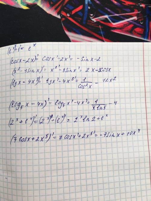 Продифференцировать функции е^х+1; cosx-2x; х^2-3sinx; tgx-4х^3; log_5⁡x-4x; 2^x+e^x; 7cosx+2x^5Подс