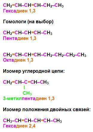 Для вещества, имеющего строение СН2 = СН─СН = СН─СН2 ─ СН3 составьте формулы: а) гомолога б) изомера