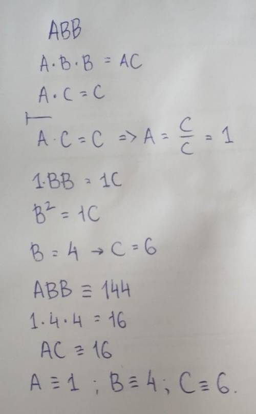 Дано трехзначное число ABB, произведение цифр которого — двузначное число AC, произведение цифр этог