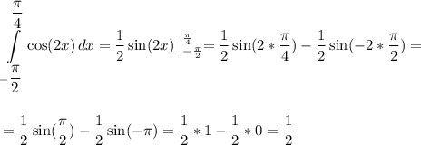 \displaystyle\\\int\limits^{\dfrac{\pi}{4} }_{-\dfrac{\pi}{2} } {\cos(2x)} \, dx=\frac{1}{2}\sin(2x)\mid^{\frac{\pi}{4} }_{-\frac{\pi}{2}}=\frac{1}{2}\sin(2*\frac{\pi}{4})-\frac{1}{2}\sin(-2*\frac{\pi}{2})=\\\\\\=\frac{1}{2}\sin(\frac{\pi}{2})-\frac{1}{2}\sin(-\pi)=\frac{1}{2}*1-\frac{1}{2}*0=\frac{1}{2}