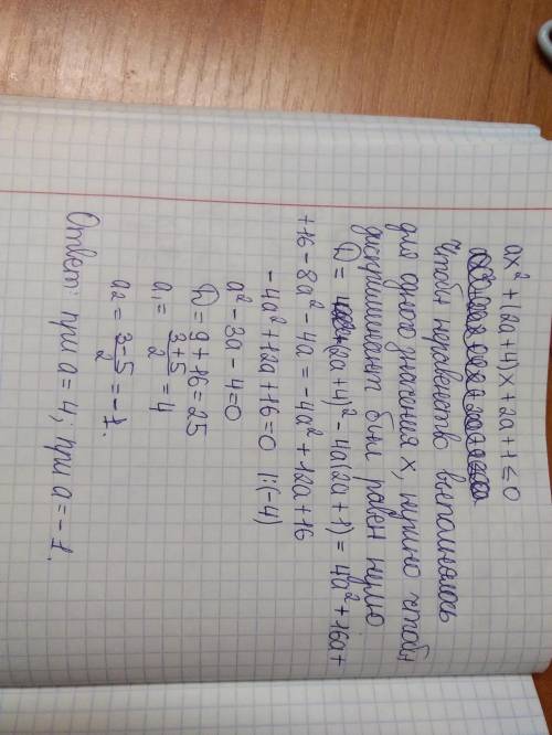 решить При каких а неравенство ax^2+(2a+4)x+2a+1<=0 выполняется только для одного значения х ?