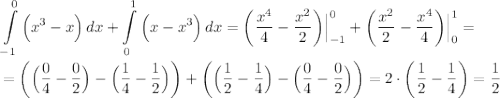 \displaystyle \int\limits^0_{-1} {\Big (x^3-x \Big) } \, dx + \int\limits^1_{0} {\Big (x-x^3 \Big) } \, dx = \bigg ( \frac{x^4}{4} - \frac{x^2}{2} \bigg ) \Big | ^0_{-1} + \bigg ( \frac{x^2}{2} - \frac{x^4}{4} \bigg ) \Big | ^1_{0} =\\\\= \bigg ( \Big (\frac{0}{4} - \frac{0}{2} \Big ) - \Big (\frac{1}{4} - \frac{1}{2} \Big ) \bigg ) + \bigg ( \Big (\frac{1}{2} - \frac{1}{4} \Big) - \Big (\frac{0}{4} - \frac{0}{2} \Big ) \bigg ) = 2 \cdot \bigg (\frac{1}{2} - \frac{1}{4} \bigg ) = \frac{1}{2}