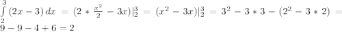 \int\limits^3_2 {(2x-3)} \, dx=(2*\frac{x^{2}}{2}-3x)|^{3}_{2}=(x^{2} -3x)|^{3}_{2}=3^{2}-3*3-(2^{2} -3*2)=9-9-4+6=2