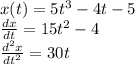 x(t) = 5 {t}^{3} - 4t - 5 \\ \frac{dx}{dt} = 15 {t}^{2} - 4 \\ \frac{ {d}^{2} x}{d {t}^{2} } = 30t