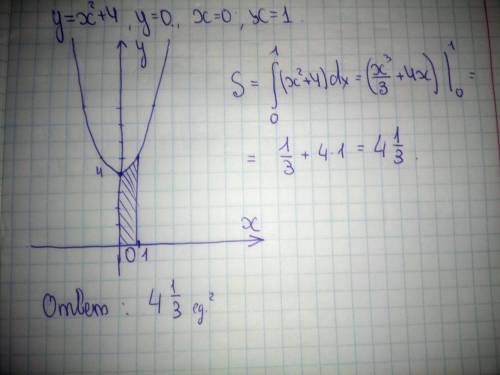 сделать задание Вычислите площадь фигуры,ограниченной линиями y=x2+4,y=0,x=0,x=1.