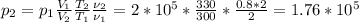 p_2=p_1\frac{V_1}{V_2}\frac{T_2}{T_1}\frac{\nu _2}{\nu _1}= 2*10^5*\frac{330}{300}*\frac{0.8*2}{2}=1.76*10^5