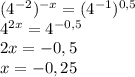 (4^{-2})^{-x}=(4^{-1})^{0,5}\\4^{2x}=4^{-0,5}\\2x=-0,5\\x= -0,25