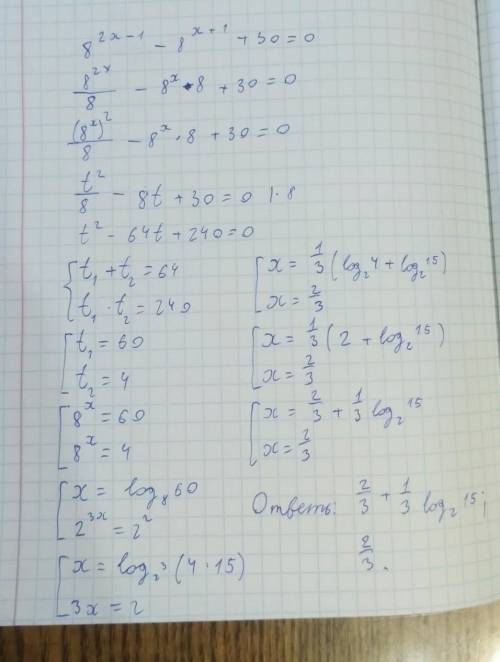Найдите корни уравнения 8^2x-1 -8^x+1 +30=0​