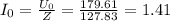 I_0=\frac{U_0}{Z}=\frac{179.61}{127.83}=1.41