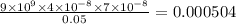 \frac{9 \times 10 {}^{9} \times 4 \times 10 {}^{ - 8} \times 7 \times 10 {}^{ - 8} }{0.05 } = 0.000504