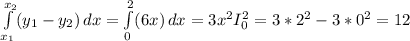 \int\limits^{x_{2} }_{x_{1} }(y_{1} -y_{2}) \, dx = \int\limits^{2 }_{0 }(6x) \, dx = 3x^{2} I_{0} ^{2} = 3*2^{2} - 3*0^{2} = 12