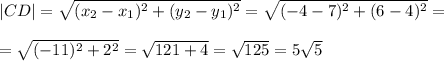 |CD|=\sqrt{(x_2-x_1)^2+(y_2-y_1)^2} =\sqrt{(-4-7)^2+(6-4)^2} =\\\\=\sqrt{(-11)^2+2^2} =\sqrt{121+4} =\sqrt{125}=5\sqrt{5}