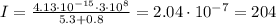 I = \frac{4.13 \cdot 10 {}^{ - 15} \cdot3\cdot10 {}^{8} }{5.3 + 0.8} = 2.04 \cdot10 {}^{ - 7} = 204