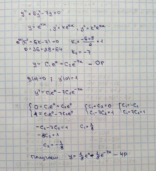 Найти частное решение дифференциального уравнения y''+6y'-7y=0, y(0)=0, y'(0)=1