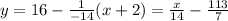 y= 16 - \frac{1}{-14} (x+2) = \frac{x}{14} - \frac{113}{7}