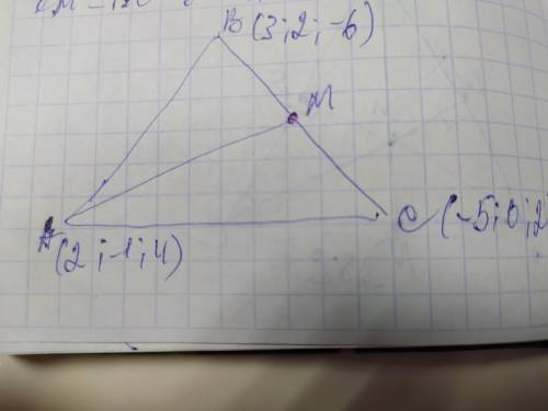Знайдіть довжину мередіани АМ трикутника АВС якщо А(2;-1;4) В(3;2;-6) С(-5;0;2)